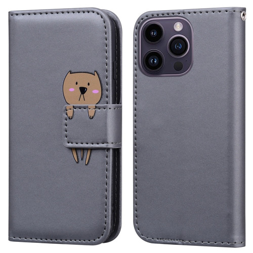 iPhone 15 Pro Max Cartoon Buckle Horizontal Flip Leather Phone Case - Grey