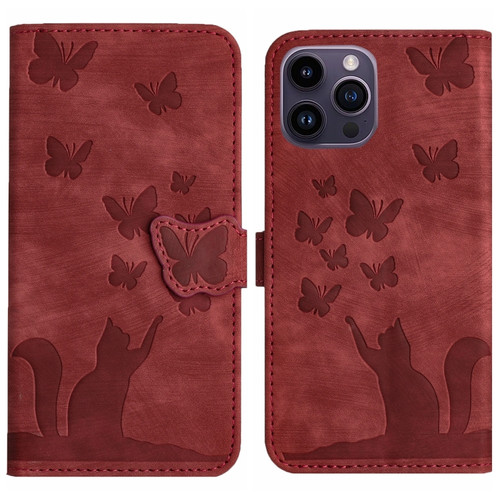 iPhone 15 Pro Max Butterfly Cat Embossing Flip Leather Phone Case - Red