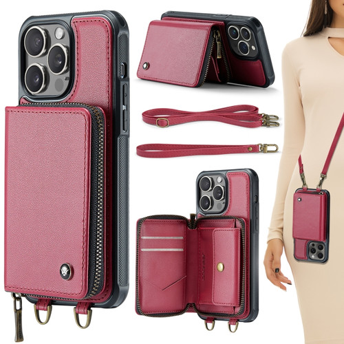 iPhone 15 Pro Max JEEHOOD C22 Series Zipper Wallet Leather Phone Case with Dual Lanyard - Red