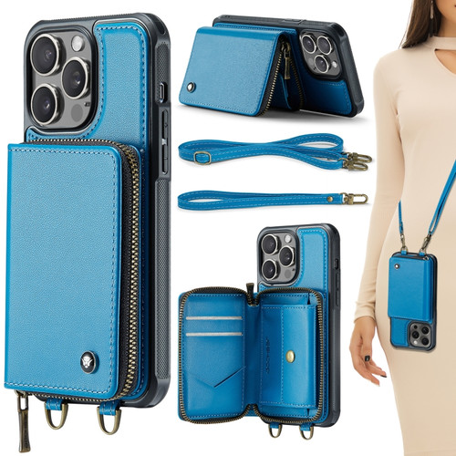 iPhone 15 Pro Max JEEHOOD C22 Series Zipper Wallet Leather Phone Case with Dual Lanyard - Blue