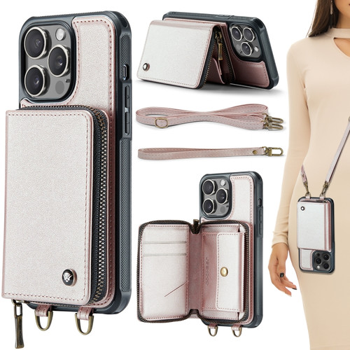 iPhone 15 Pro Max JEEHOOD C22 Series Zipper Wallet Leather Phone Case with Dual Lanyard - Rose Gold