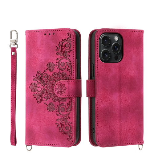 iPhone 15 Pro Max Skin-feel Flowers Embossed Wallet Leather Phone Case - Wine Red