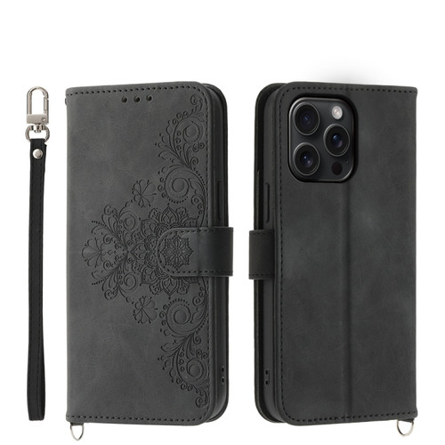 iPhone 15 Pro Max Skin-feel Flowers Embossed Wallet Leather Phone Case - Black