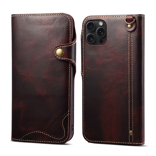 iPhone 15 Pro Max Denior Oil Wax Cowhide Magnetic Button Genuine Leather Case - Dark Red