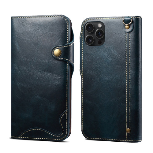iPhone 15 Pro Max Denior Oil Wax Cowhide Magnetic Button Genuine Leather Case - Dark Blue