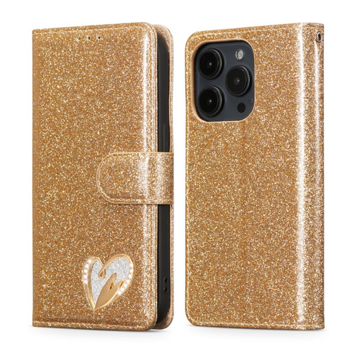 iPhone 15 Pro Max Glitter Powder Love Leather Phone Case - Gold