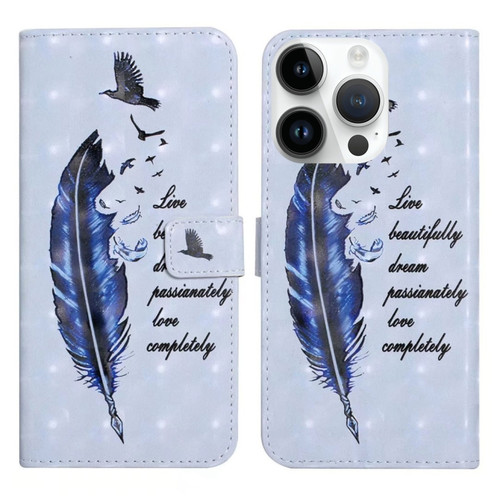 iPhone 15 Pro Max Oil Embossed 3D Drawing Leather Phone Case - Blue Feather