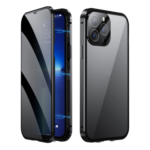 iPhone 15 Pro Max Dual-Lock Anti-peeping Glass 360 Full Body Frosted Magnetic Phone Case - Black