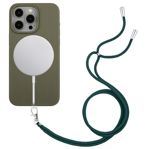 iPhone 15 Pro Max Wheat MagSafe Magnetic Straw Material + TPU Phone Case with Lanyard - Army Green