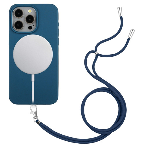 iPhone 15 Pro Max Wheat MagSafe Magnetic Straw Material + TPU Phone Case with Lanyard - Blue