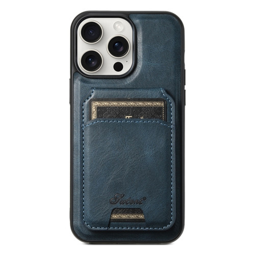 iPhone 15 Pro Max Suteni H15 MagSafe Oil Eax Leather Detachable Wallet Back Phone Case - Blue