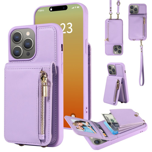 iPhone 15 Pro Max Crossbody Lanyard Zipper Wallet Leather Phone Case - Purple