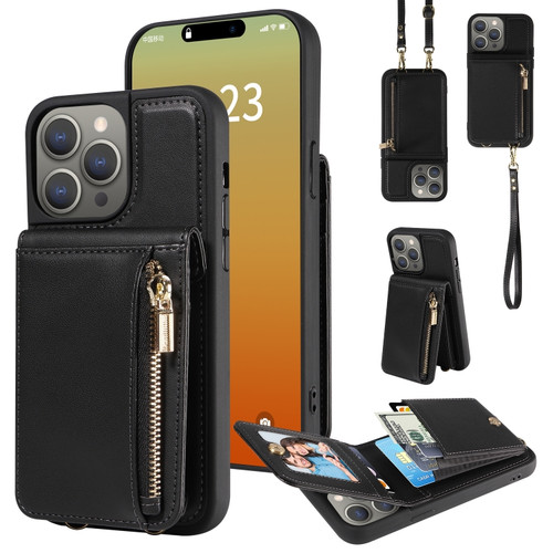iPhone 15 Pro Max Crossbody Lanyard Zipper Wallet Leather Phone Case - Black