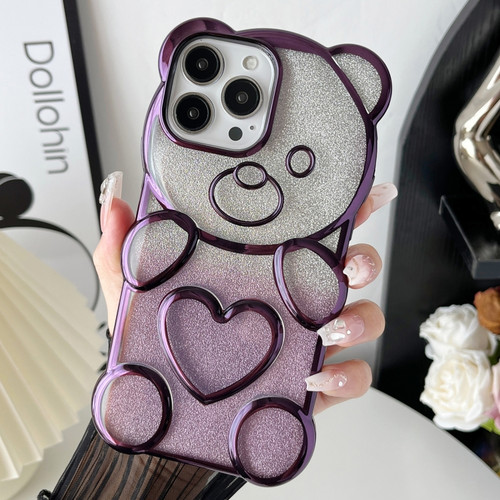 iPhone 15 Pro Max Bear Shape Electroplated TPU Phone Case with Gradient Glitter Paper - Purple