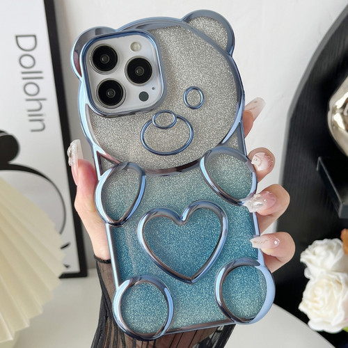 iPhone 15 Pro Max Bear Shape Electroplated TPU Phone Case with Gradient Glitter Paper - Blue