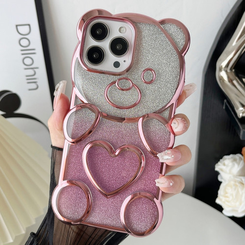 iPhone 15 Pro Max Bear Shape Electroplated TPU Phone Case with Gradient Glitter Paper - Pink
