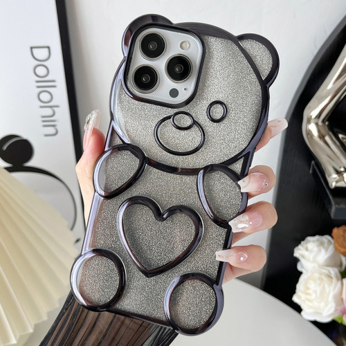 iPhone 15 Pro Max Bear Shape Electroplated TPU Phone Case with Gradient Glitter Paper - Black