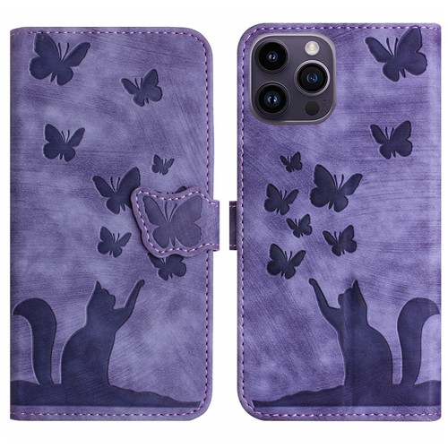 iPhone 15 Pro Butterfly Cat Embossing Flip Leather Phone Case - Purple