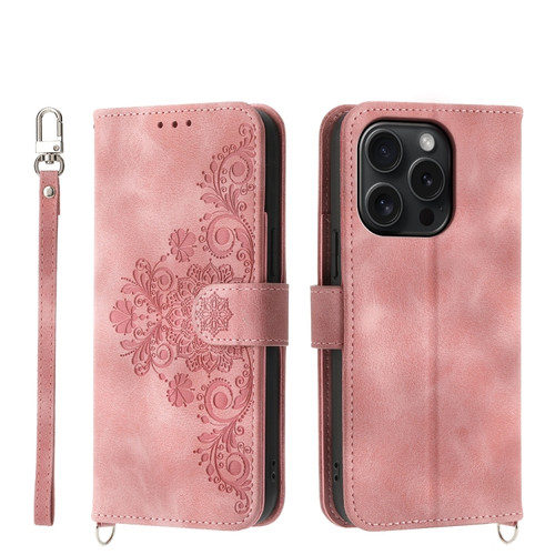 iPhone 15 Pro Skin-feel Flowers Embossed Wallet Leather Phone Case - Pink