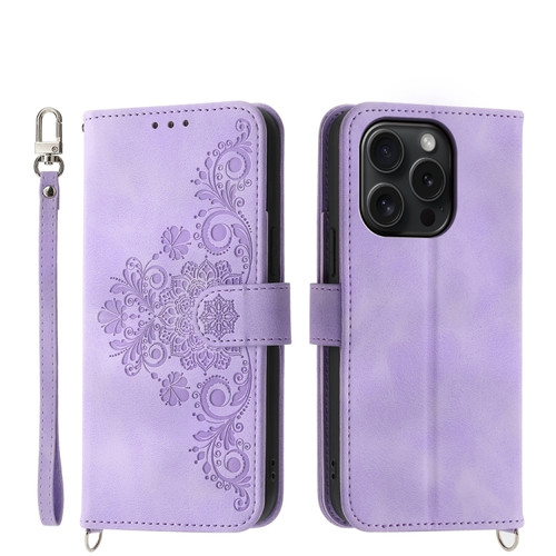 iPhone 15 Pro Skin-feel Flowers Embossed Wallet Leather Phone Case - Purple