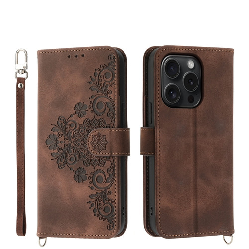 iPhone 15 Pro Skin-feel Flowers Embossed Wallet Leather Phone Case - Brown