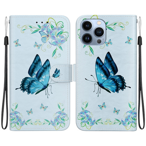 iPhone 15 Pro Crystal Texture Colored Drawing Leather Phone Case - Blue Pansies