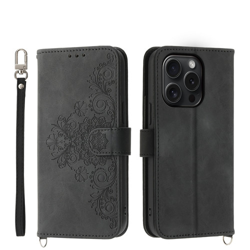 iPhone 15 Pro Skin-feel Flowers Embossed Wallet Leather Phone Case - Black