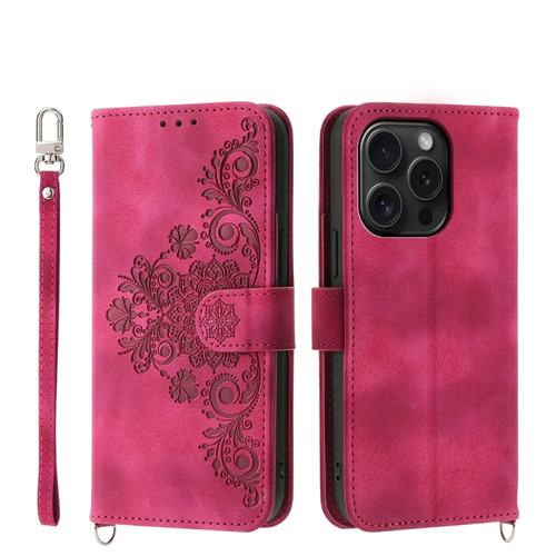 iPhone 15 Pro Skin-feel Flowers Embossed Wallet Leather Phone Case - Wine Red