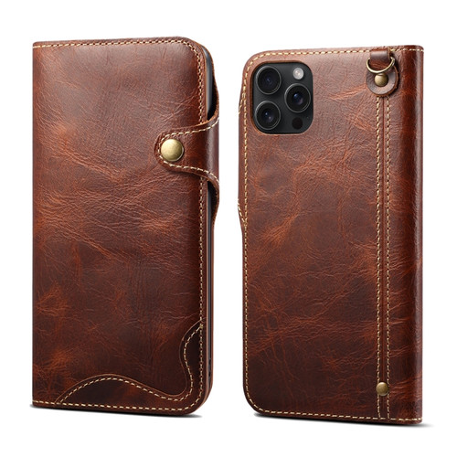 iPhone 15 Pro Denior Oil Wax Cowhide Magnetic Button Genuine Leather Case - Brown