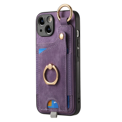 iPhone 15 Pro Retro Skin-feel Ring Card Bag Phone Case with Hang Loop - Purple