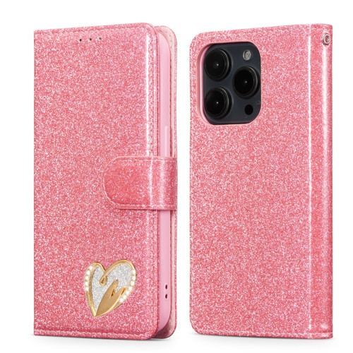 iPhone 15 Pro Glitter Powder Love Leather Phone Case - Rose Red