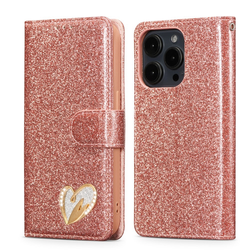 iPhone 15 Pro Glitter Powder Love Leather Phone Case - Pink