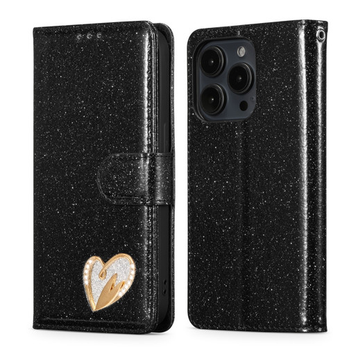 iPhone 15 Pro Glitter Powder Love Leather Phone Case - Black