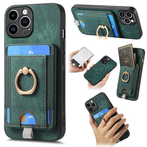 iPhone 15 Pro Retro Splitable Magnetic Card Bag Leather Phone Case - Green