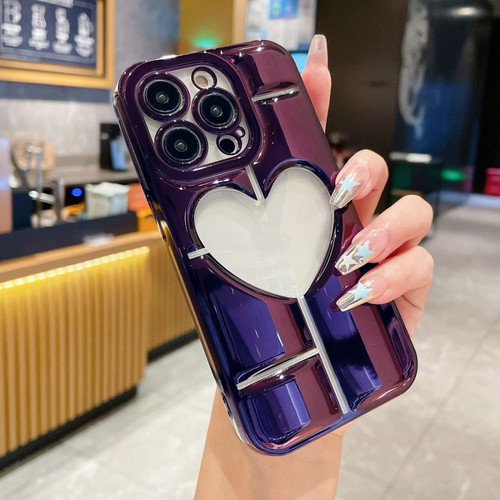 iPhone 15 Pro Electroplating 3D Hollow Love TPU Phone Case - Purple