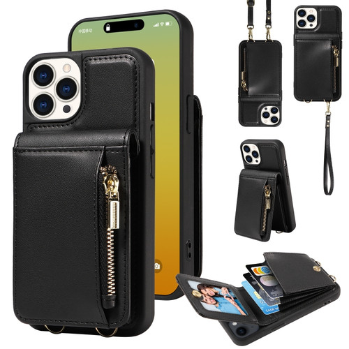iPhone 15 Pro Crossbody Lanyard Zipper Wallet Leather Phone Case - Black