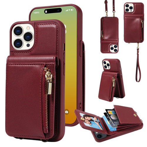 iPhone 15 Pro Crossbody Lanyard Zipper Wallet Leather Phone Case - Wine Red