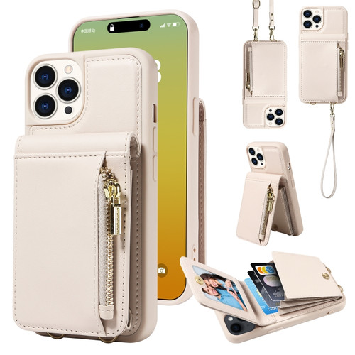 iPhone 15 Pro Crossbody Lanyard Zipper Wallet Leather Phone Case - Beige