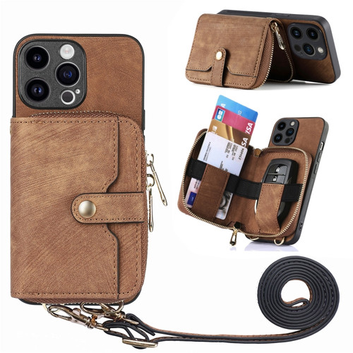 iPhone 15 Pro Crossbody Multi-function Zipper Wallet Phone Case - Brown