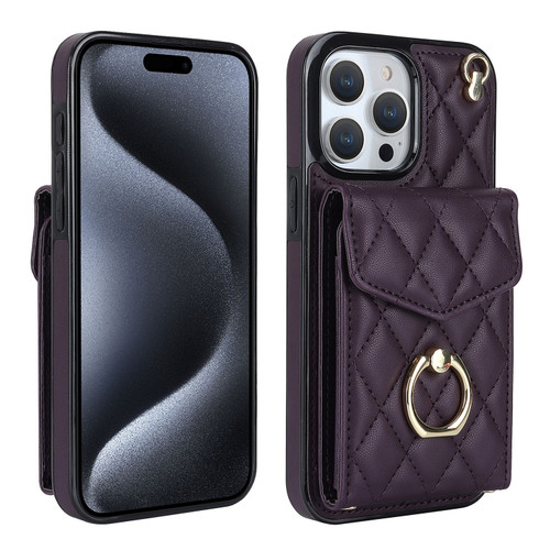 iPhone 15 Pro Rhombic Texture Card Bag Phone Case with Long Lanyard - Dark Purple