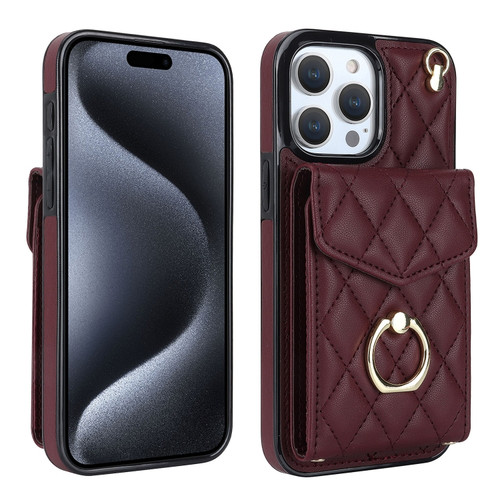 iPhone 15 Pro Rhombic Texture Card Bag Phone Case with Long Lanyard - Wine Red