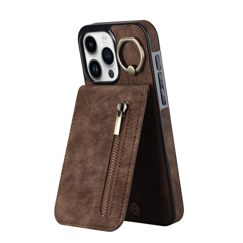 iPhone 15 Pro Retro Ring and Zipper RFID Card Slot Phone Case - Brown
