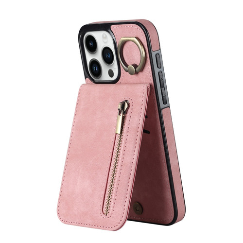 iPhone 15 Pro Retro Ring and Zipper RFID Card Slot Phone Case - Pink