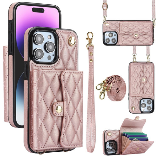 iPhone 15 Pro Crossbody Rhombic Horizontal Wallet Leather Phone Case - Rose Gold