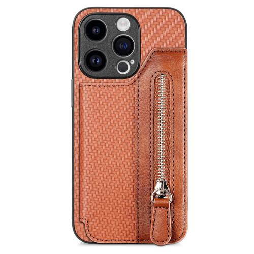 iPhone 15 Pro Carbon Fiber Horizontal Flip Zipper Wallet Phone Case - Brown