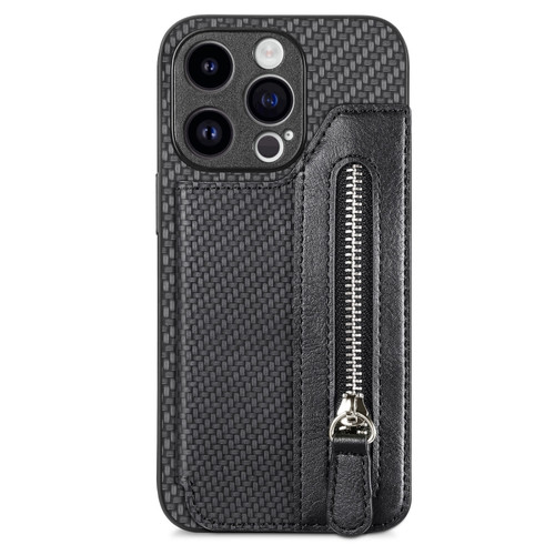 iPhone 15 Pro Carbon Fiber Horizontal Flip Zipper Wallet Phone Case - Black