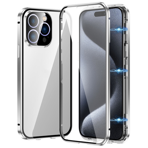 iPhone 15 Pro Magnetic Double-buckle HD Tempered Glass Phone Case - Silver
