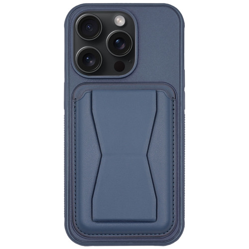 iPhone 15 Pro Leather Card Holder TPU Phone Case - Navy Blue