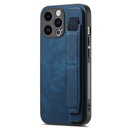 iPhone 15 Pro Retro Wristband Holder Leather Back Phone Case - Blue