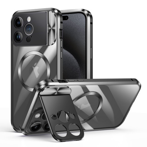 iPhone 15 Pro Large Window Holder MagSafe Magnetic Metal Phone Case - Black